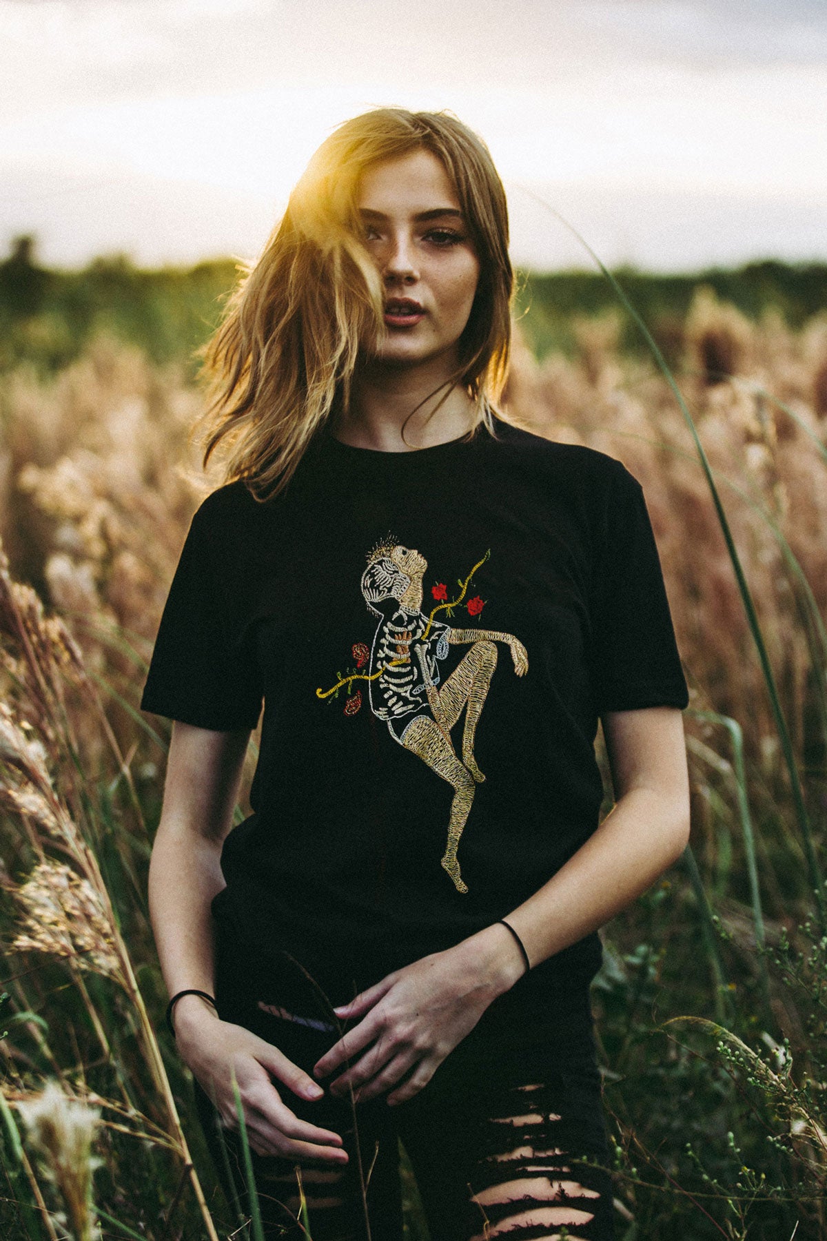 Dark Paradise Embroidered Artwork Black Half Sleeve T-shirt For Women