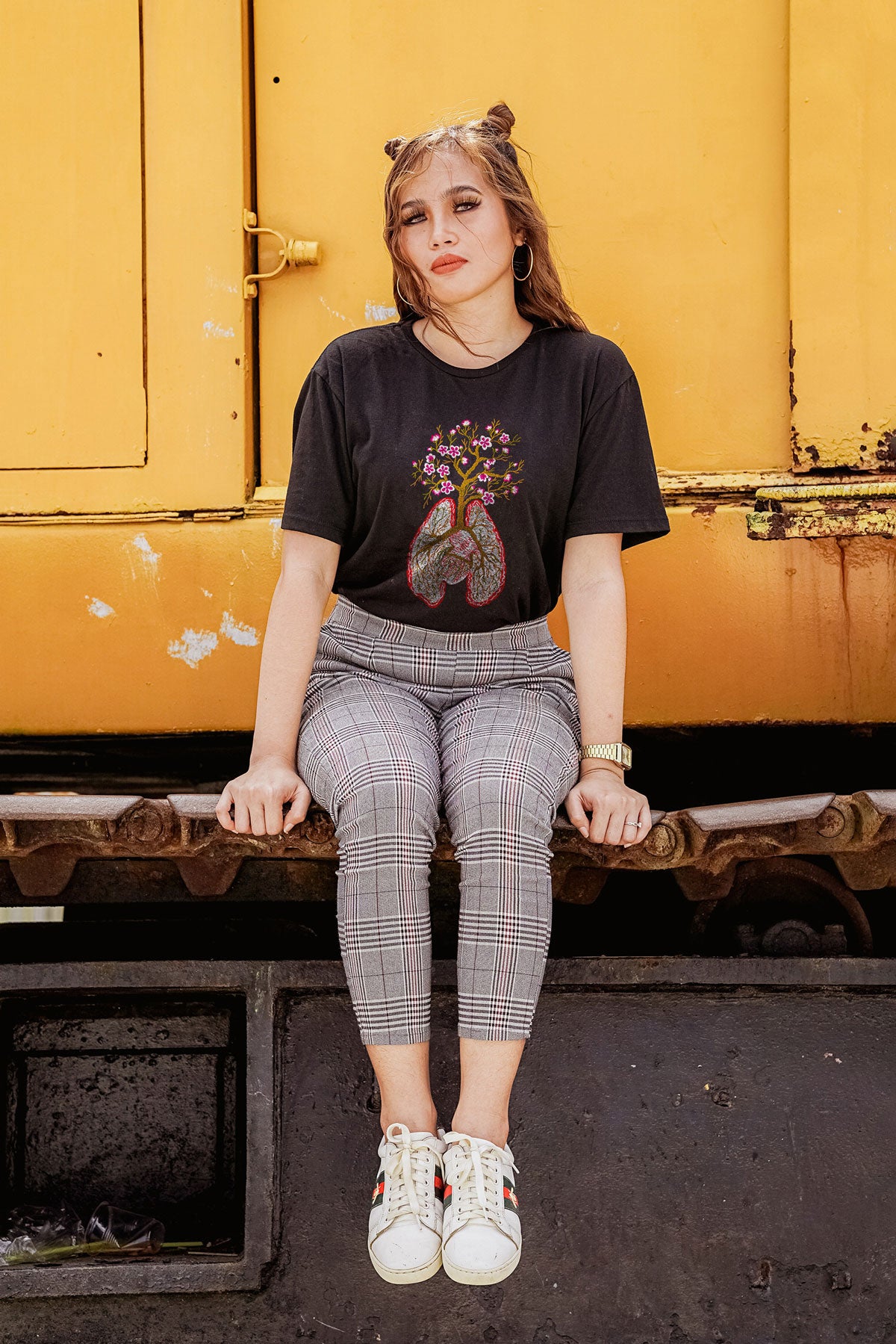 The Tree of Life Embroidered Artwork Half Sleeve Black T-shirt For Women