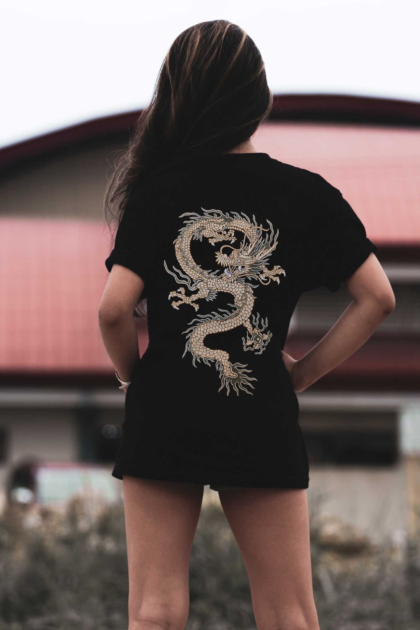 Japanese Dragon Embroidered Artwork Half Sleeve Black T-shirt For Women
