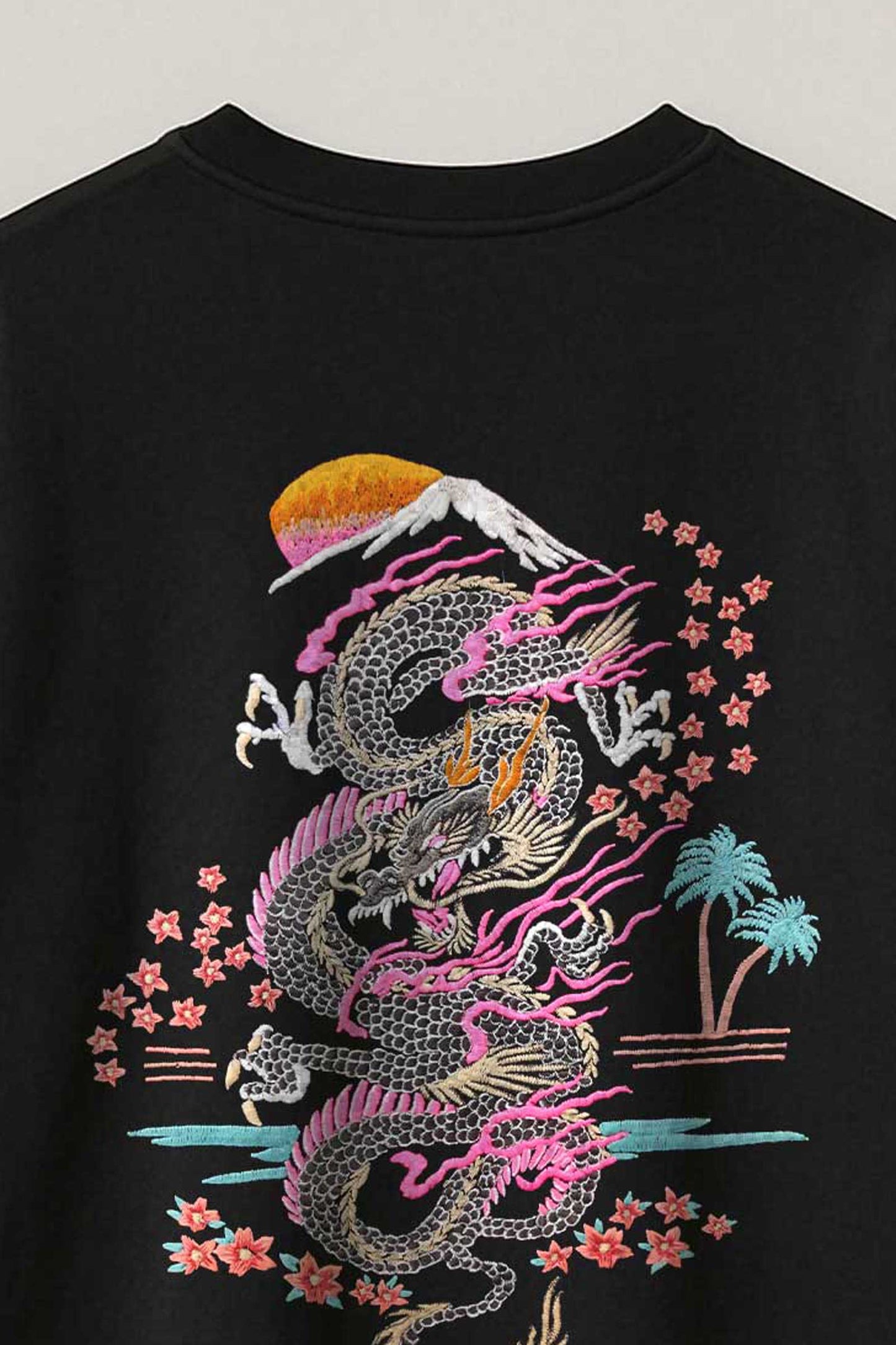 Ryujin Japanese Dragon Embroidered Artwork Half Sleeve Black T-shirt For Men