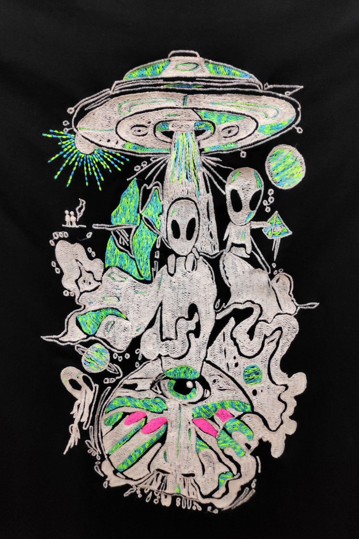 Space Trip Embroidered Artwork Half Sleeve Black T-shirt For Women