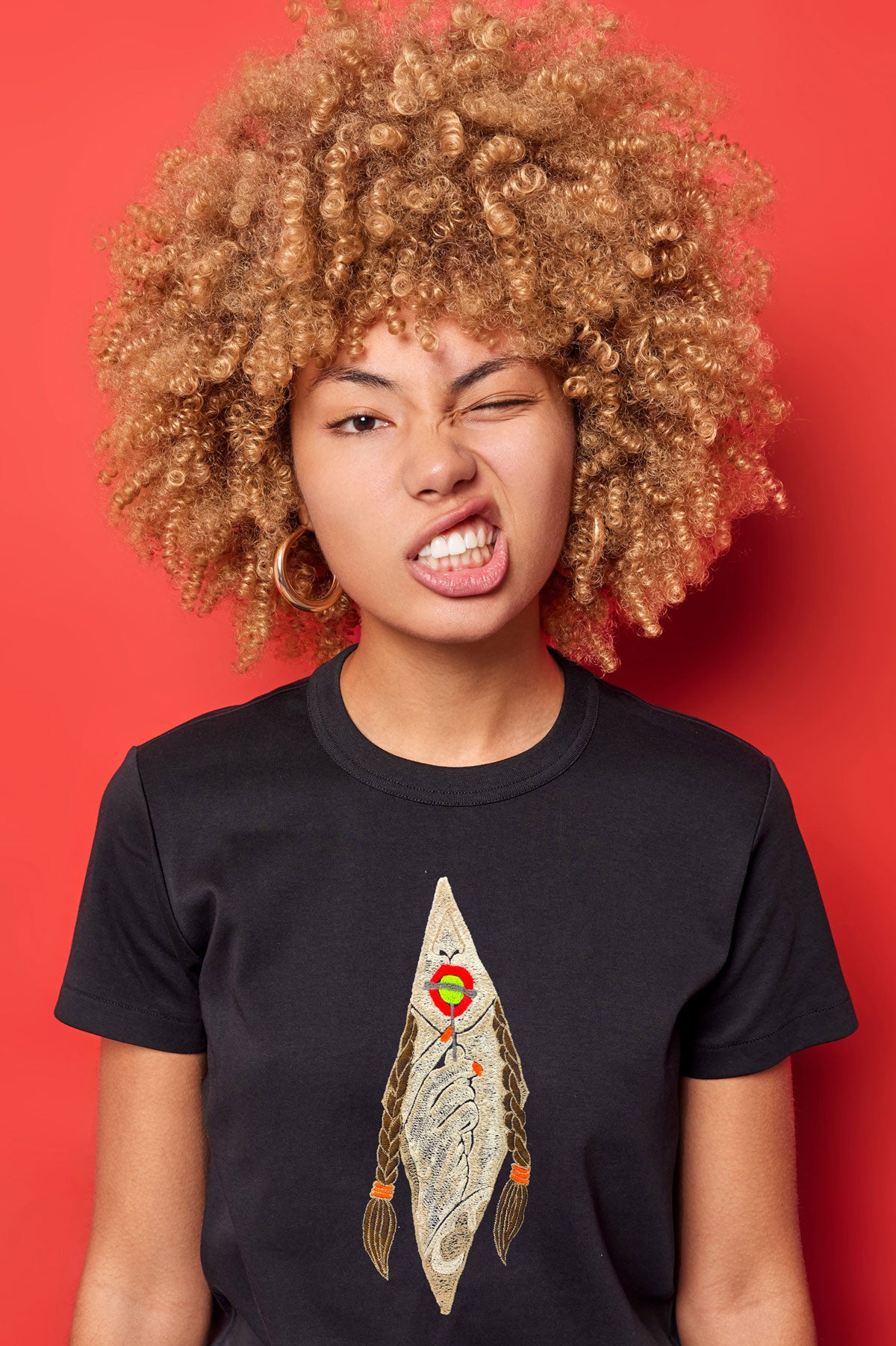 Trippy Lollypop Art Embroidered Artwork Half Sleeve Black T-shirt For Women