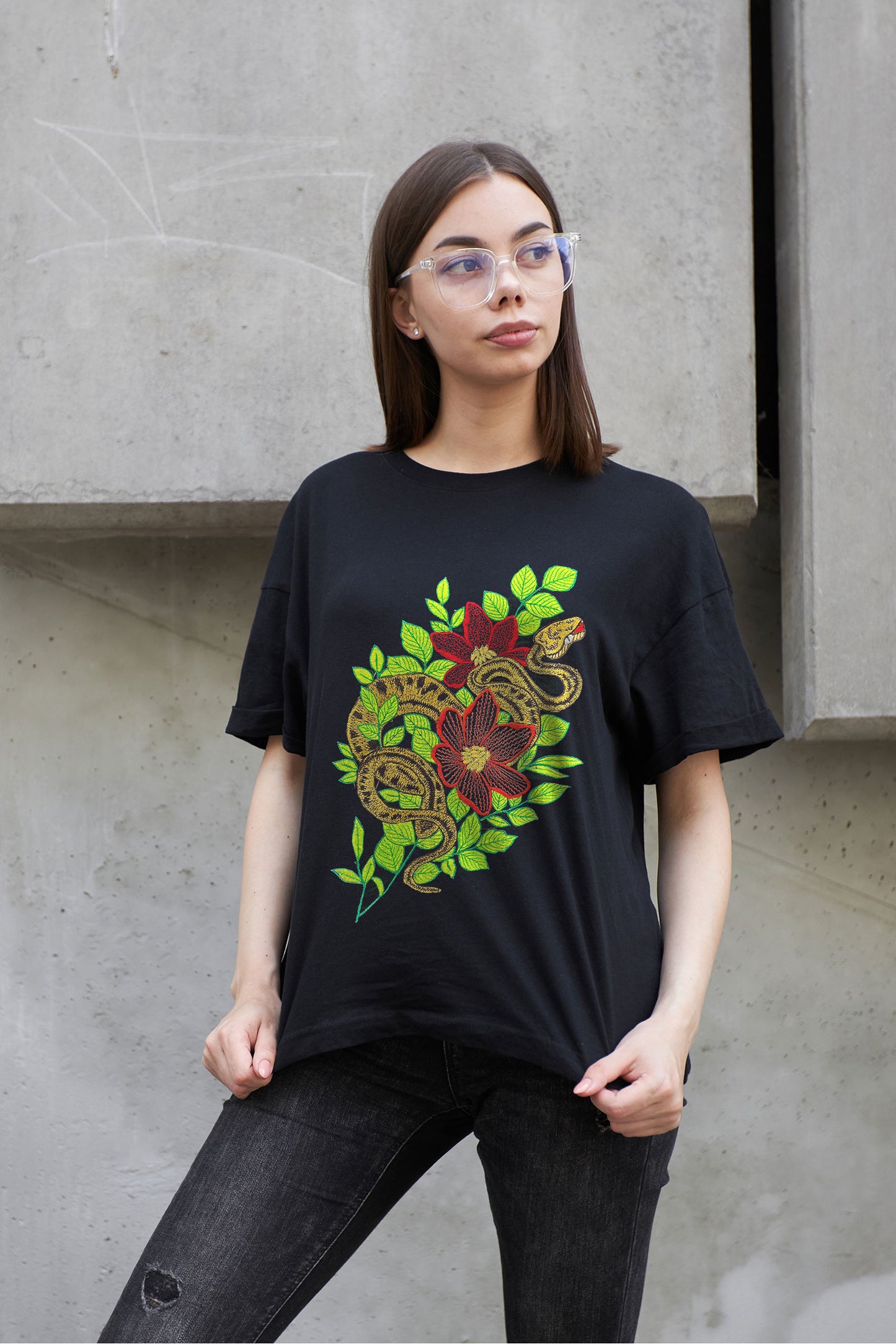Twisted Garden Embroidered Artwork Half Sleeve Black T-shirt For Women