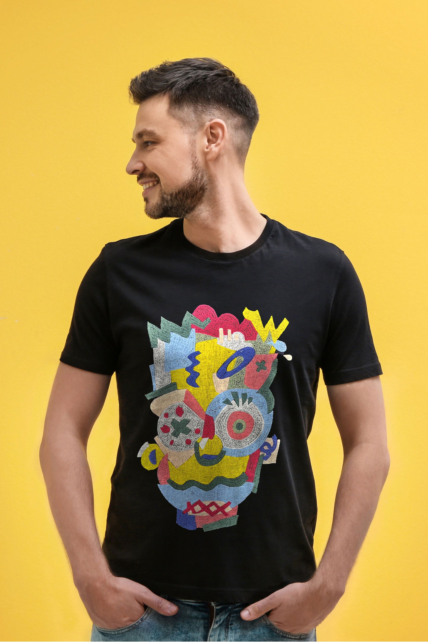 Abstract Collage Embroidered Artwork Half Sleeve Black T-shirt For Men