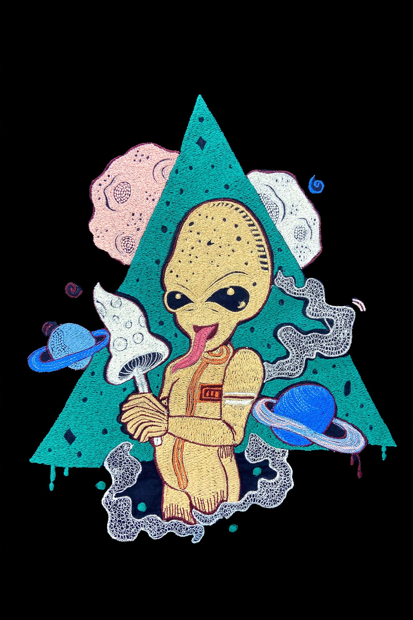 Alien Trip Embroidered Artwork Half Sleeve T-shirt For Women