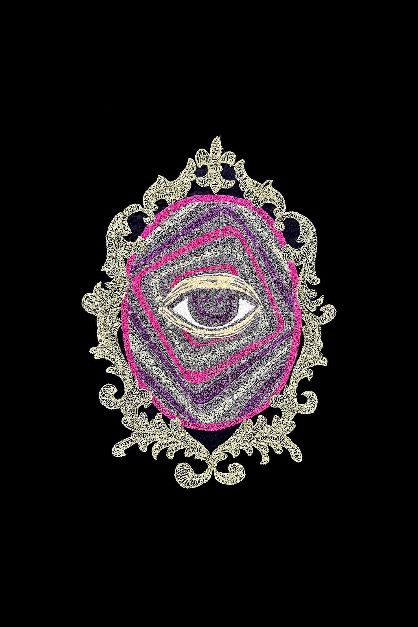 Sacred Eye Mirror Embroidered Artwork Black T-shirt For Men