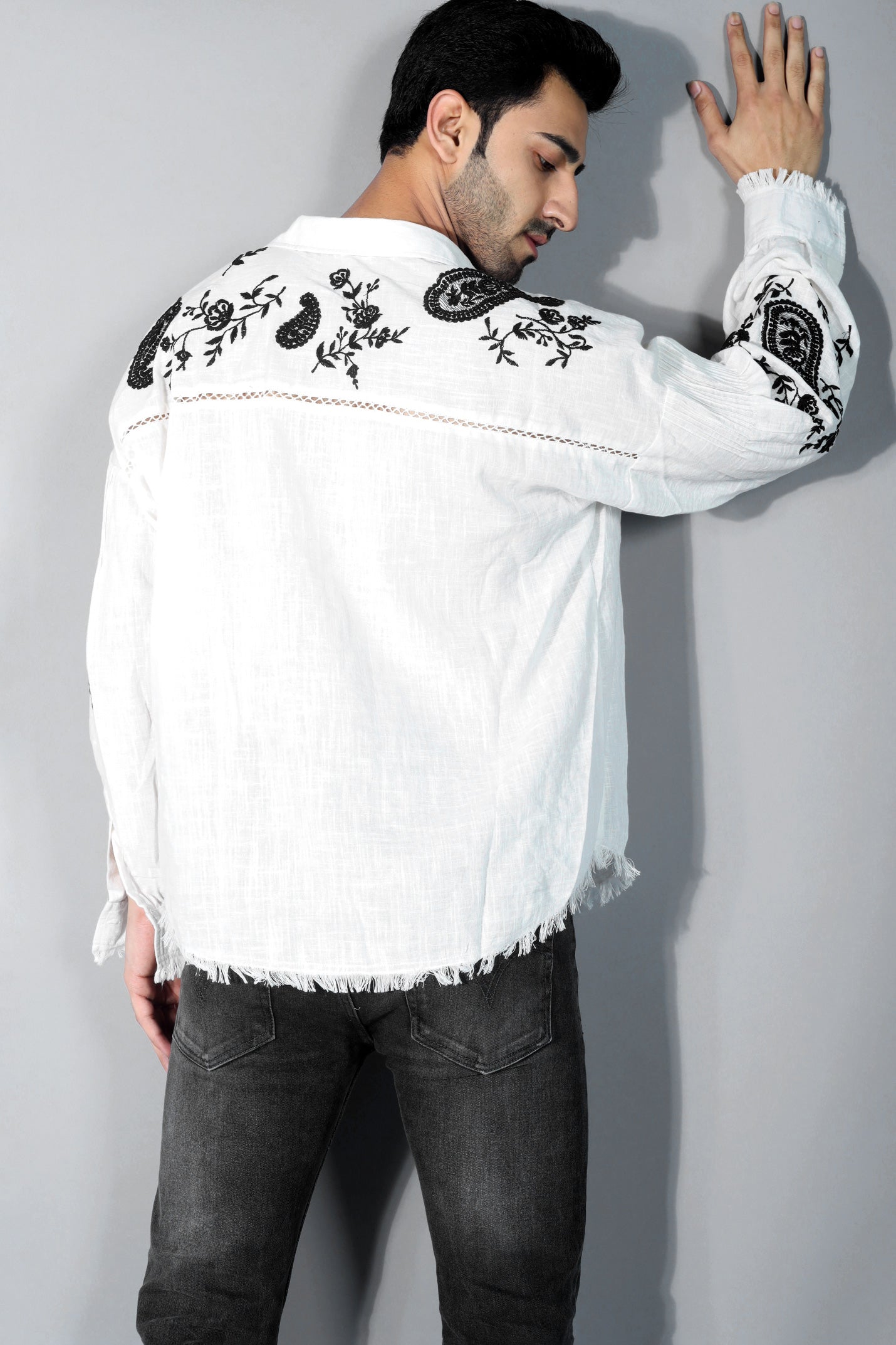 Edward Men's Embroidered Shirt (Drop Shoulder) - White