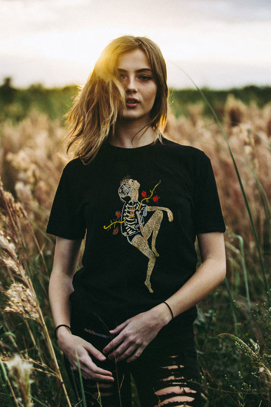 Dark Paradise Embroidered Artwork Black Half Sleeve T-shirt For Women
