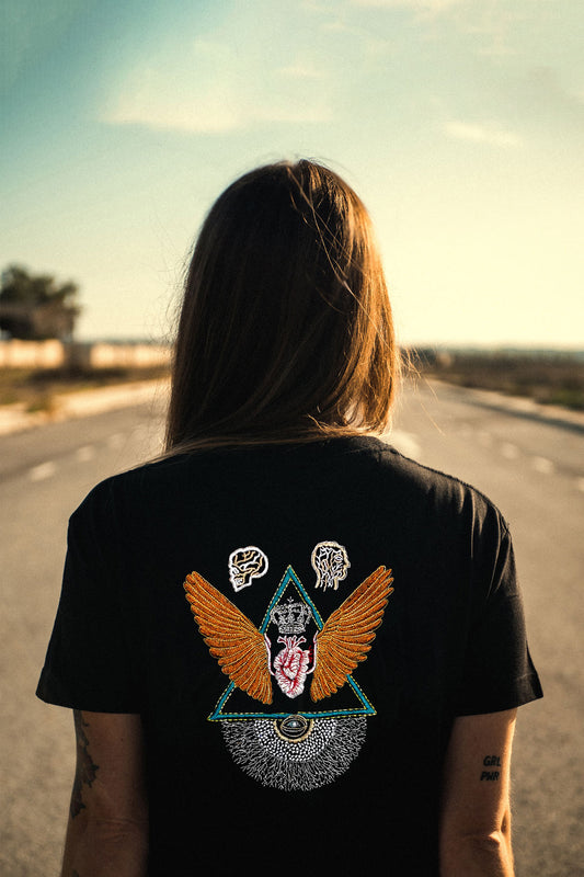 Eye of Providence Embroidered Artwork Half Sleeve Black T-shirt For Women