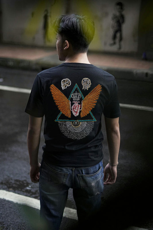 Eye of Providence Embroidered Artwork Half Sleeve Black T-shirt For Men