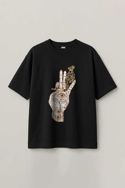 Hand Of God Embroidered Artwork Black Oversized T-shirt