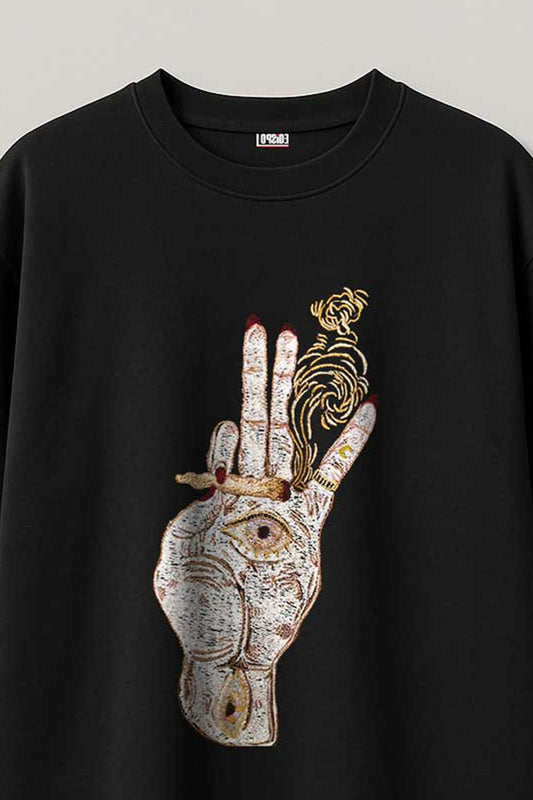 Hand Of God Embroidered Artwork Black Oversized T-shirt