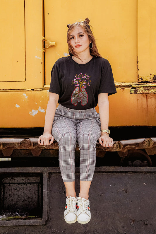 The Tree of Life Embroidered Artwork Half Sleeve Black T-shirt For Women