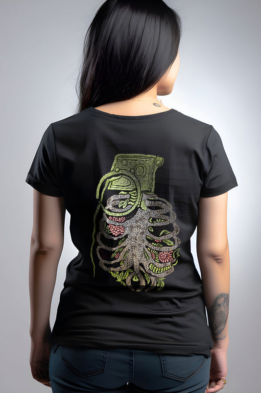 Grofstan Embroidered Artwork Half Sleeve Black T-shirt For Women