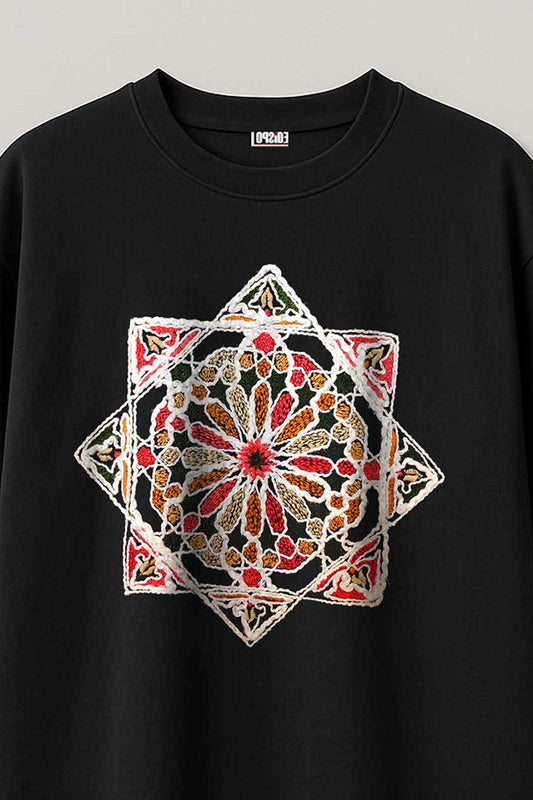 Sacred Geometry Embroidered Artwork Half Sleeve Black T-shirt For Men