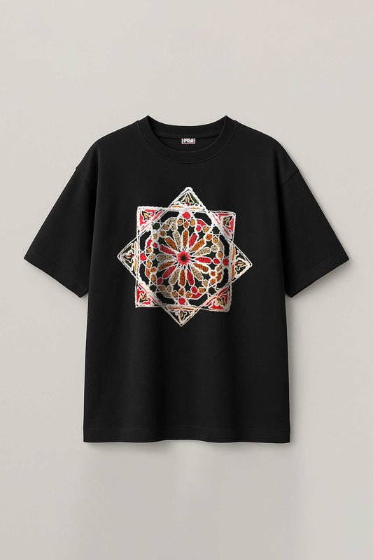 Sacred Geometry Embroidered Artwork Half Sleeve Black T-shirt For Women