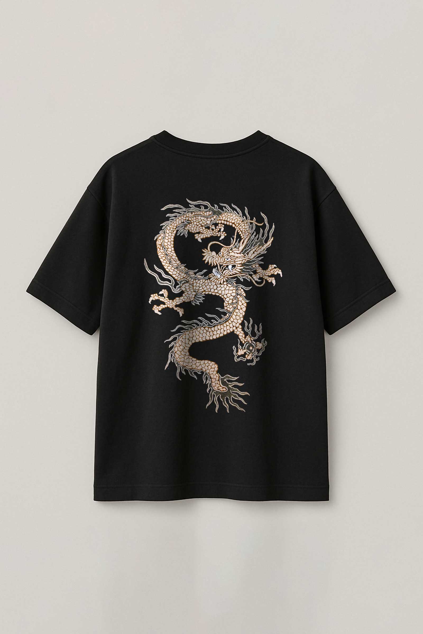 Japanese Dragon Embroidered Artwork Half Sleeve Black T-shirt For Men