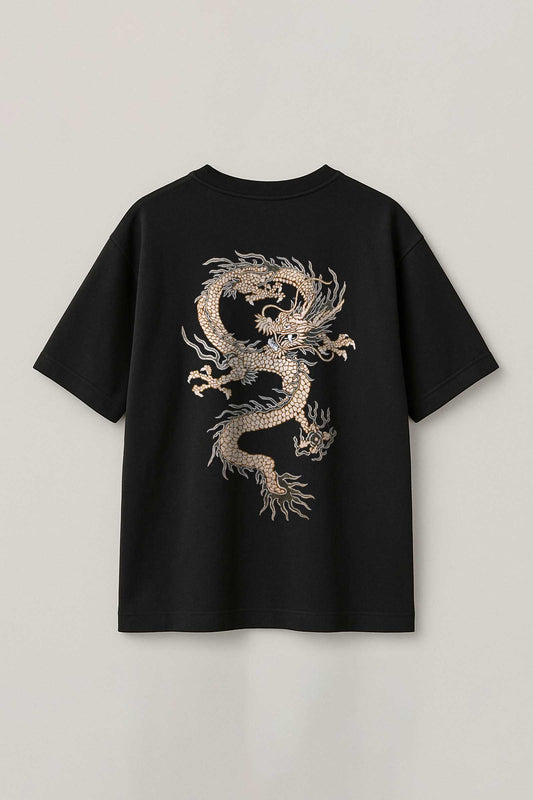 Japanese Dragon Embroidered Artwork Half Sleeve Black T-shirt For Men