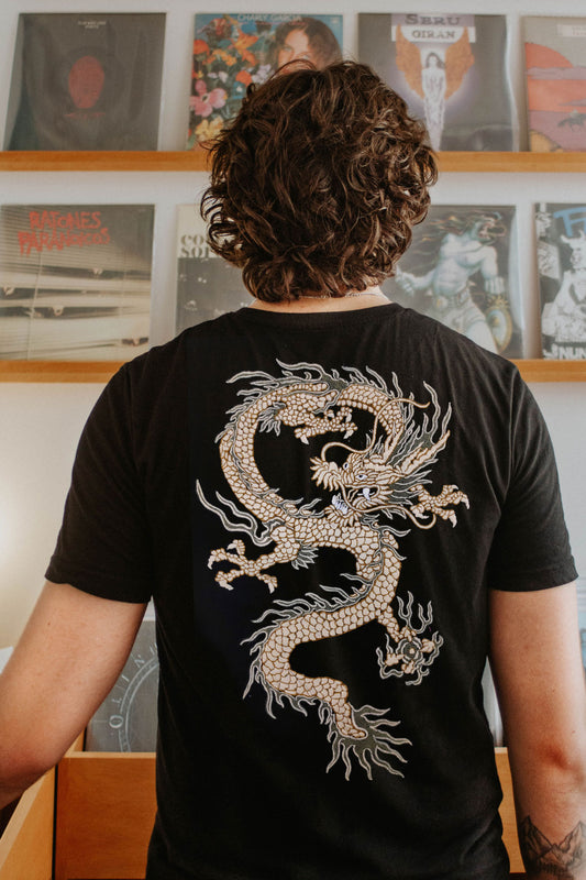 Japanese Dragon Embroidered Artwork Half Sleeve Black T-shirt For Men