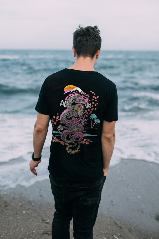 Ryujin Japanese Dragon Embroidered Artwork Half Sleeve Black T-shirt For Men