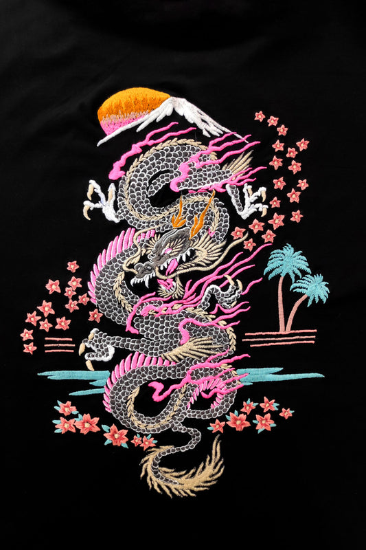 Ryujin Japanese Dragon Embroidered Artwork Half Sleeve Black T-shirt For Men