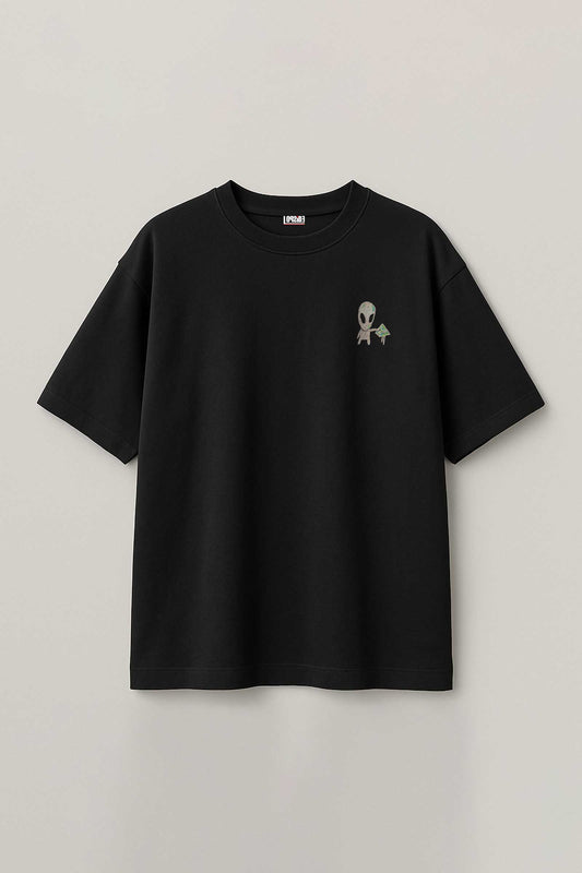 Space Trip Embroidered Artwork Half Sleeve Black T-shirt For Men
