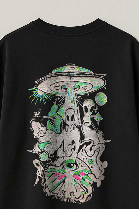 Space Trip Embroidered Artwork Half Sleeve Black T-shirt For Men