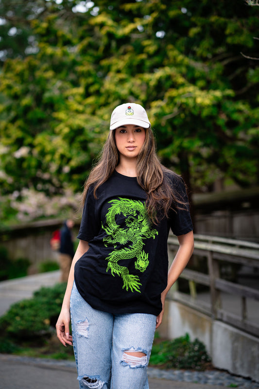 Japanese Dragon Neon Green Embroidered Artwork Relaxed-Fit T-shirt For Women