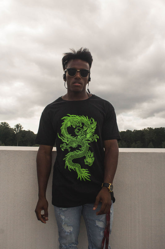 Japanese Dragon Neon Green Embroidered Artwork Relaxed-Fit T-shirt For Men