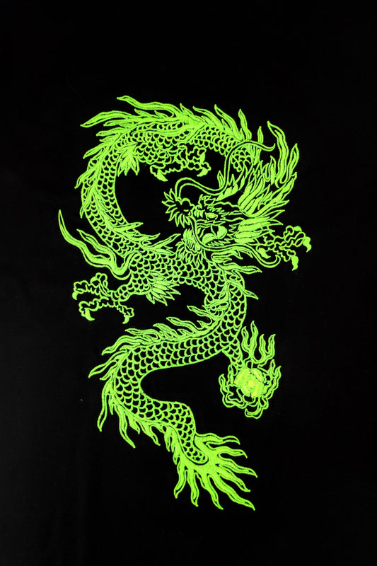 Japanese Dragon Neon Green Embroidered Artwork Relaxed-Fit T-shirt For Women