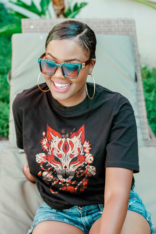 Mascara Kitsune Embroidered Artwork Black Half Sleeve T-shirt For Women