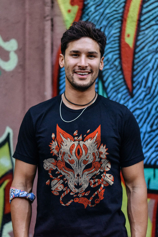 Mascara Kitsune Embroidered Artwork Black Half Sleeve T-shirt For Men