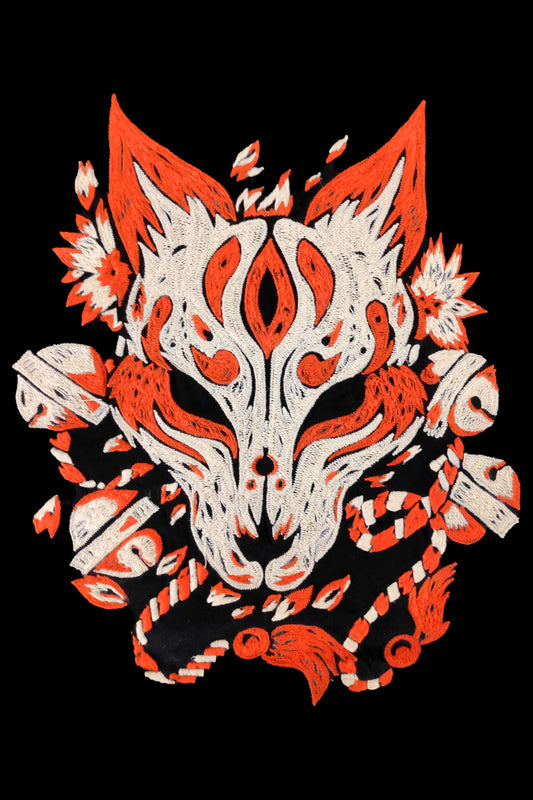 Mascara Kitsune Embroidered Artwork Black Half Sleeve T-shirt For Women
