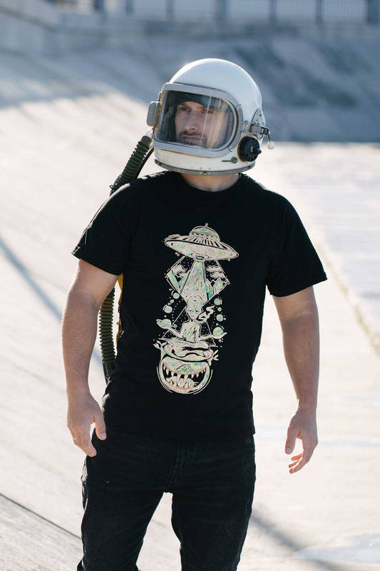 Jovian Space Trip Embroidered Artwork Half Sleeve Black T-shirt For Men