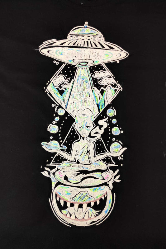 Jovian Space Trip Embroidered Artwork Half Sleeve Black T-shirt For Women