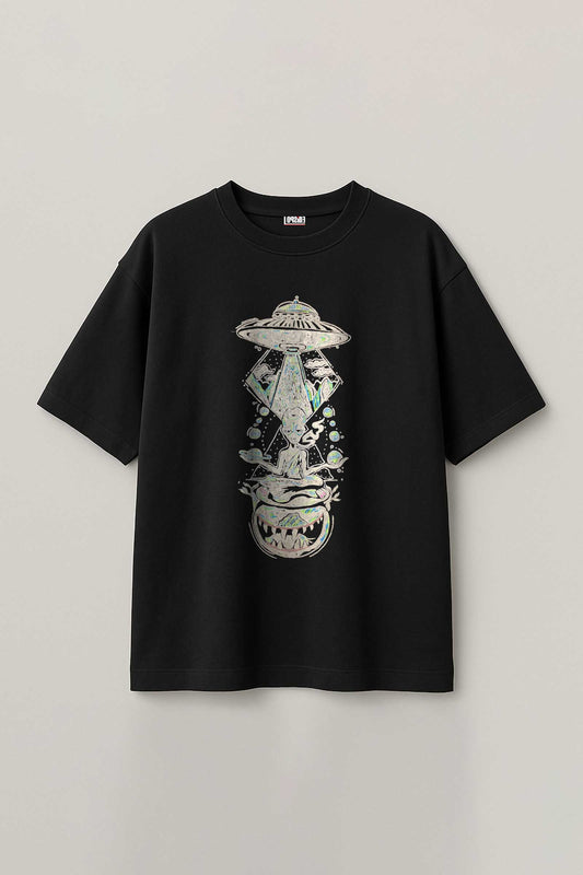 Jovian Space Trip Embroidered Artwork Half Sleeve Black T-shirt For Women