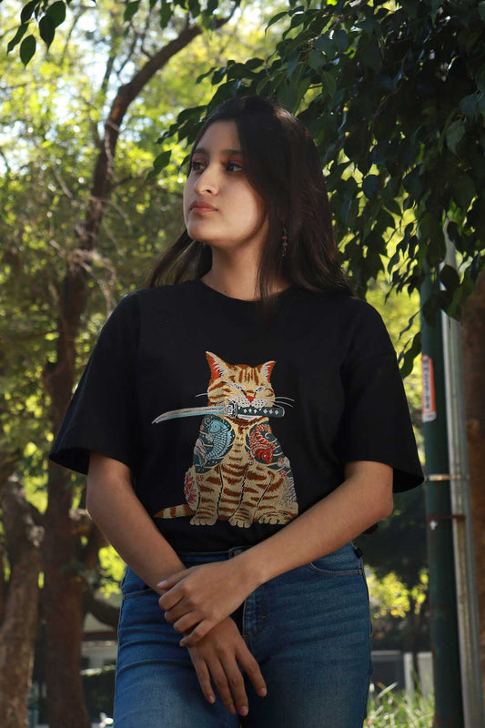 Catana "Japanese Samurai Ninja Cat" Embroidered Artwork Half Sleeve T-shirt For Women