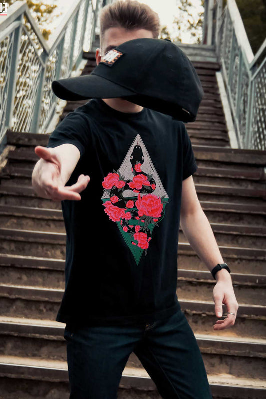 Rose Snake Embroidered Artwork Half Sleeve Black T-shirt For Men