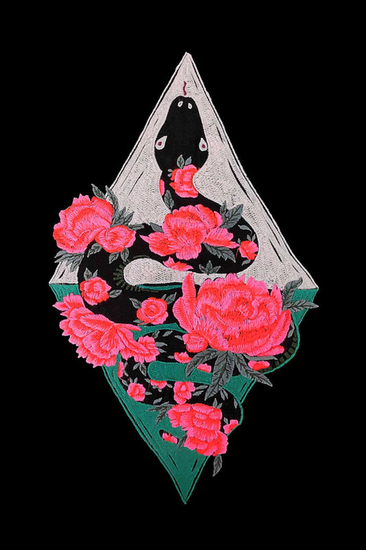 Rose Snake Embroidered Artwork Half Sleeve Black T-shirt For Women