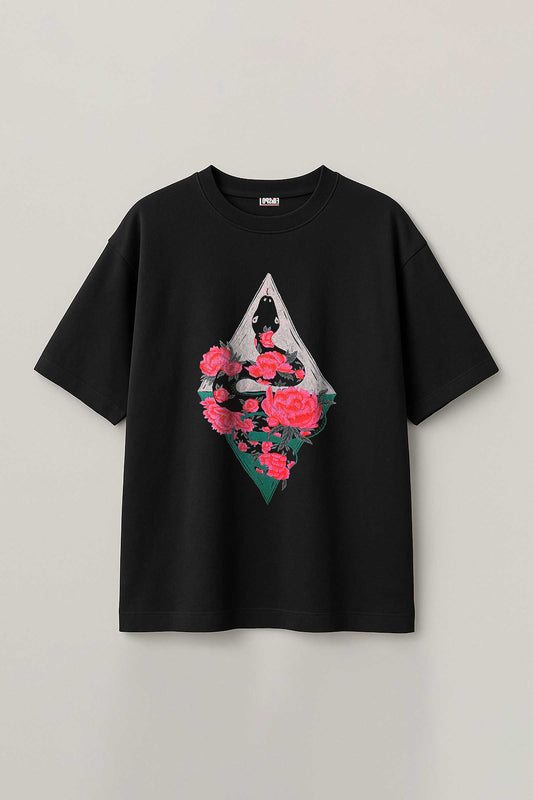Rose Snake Embroidered Artwork Half Sleeve Black T-shirt For Women
