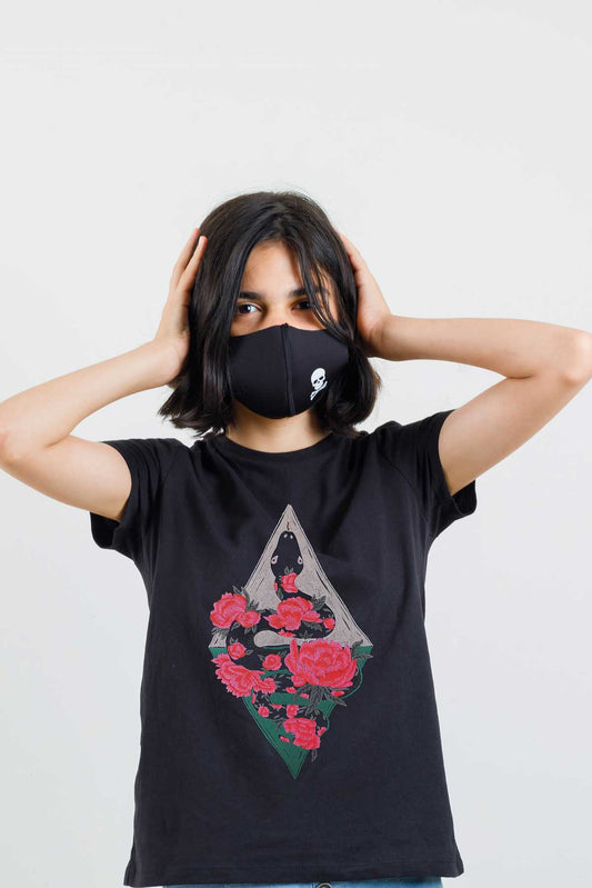 Rose Snake Embroidered Artwork Half Sleeve Black T-shirt For Women