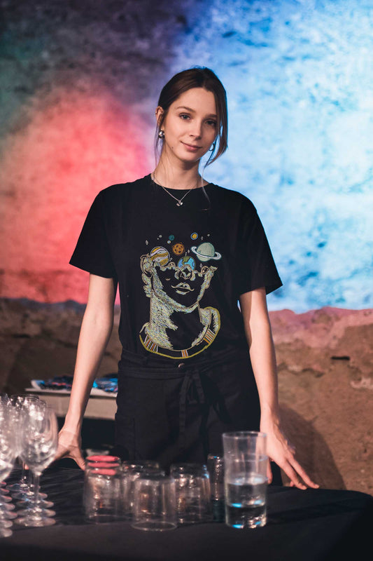 Trippy Cosmic Art Embroidered Artwork Half Sleeve Black T-shirt For Women