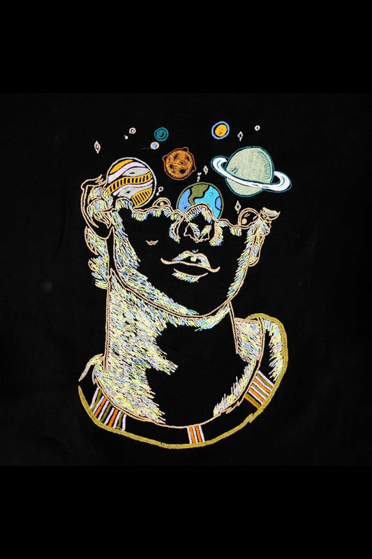 Trippy Cosmic Art Embroidered Artwork Half Sleeve Black T-shirt For Women