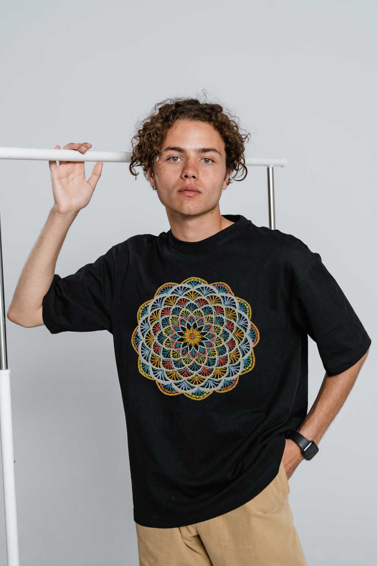 Geometric Artwork Embroidered Half Sleeve Black Oversized T-shirt For Men