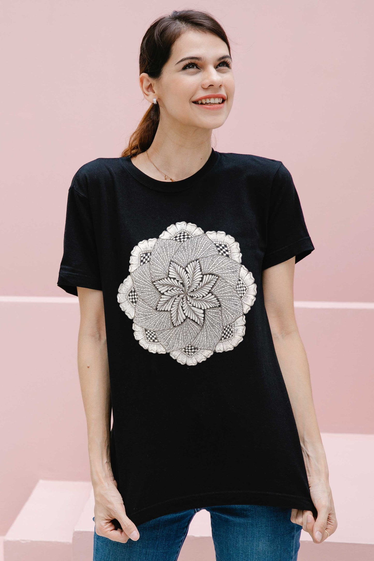 Embroidered Geometric Artwork Half Sleeve Black T-shirt For Women