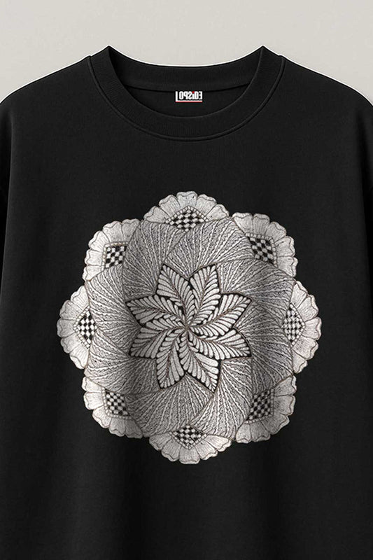 Embroidered Mandala Art Black Oversized T-shirt