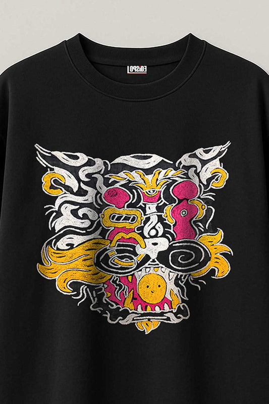 Trippy Psychedelic Tiger Embroidered Artwork Black Oversized T-shirt