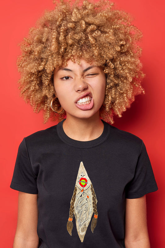 Trippy Lollypop Art Embroidered Artwork Half Sleeve Black T-shirt For Women