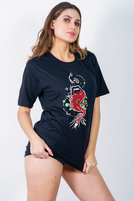 Cosmic Jeeb Embroidered Artwork Black T-shirt For Women