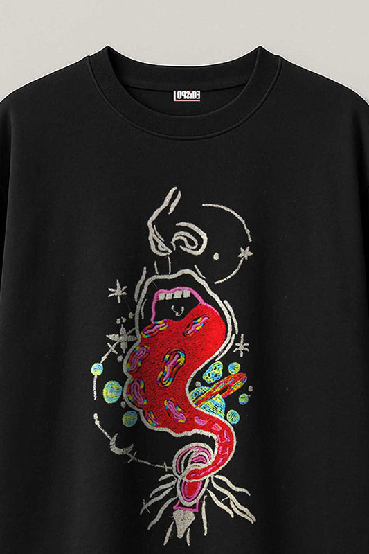 Embroidered Cosmic Kiss Art Black Oversized T-shirt